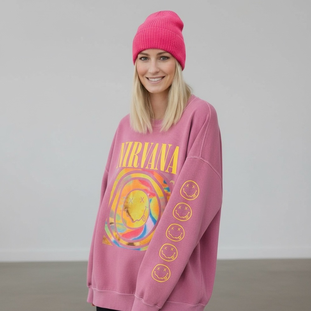 Urban Outfitters x Nirvana | Pink Oversized Crewneck Graphic Sweatshirt